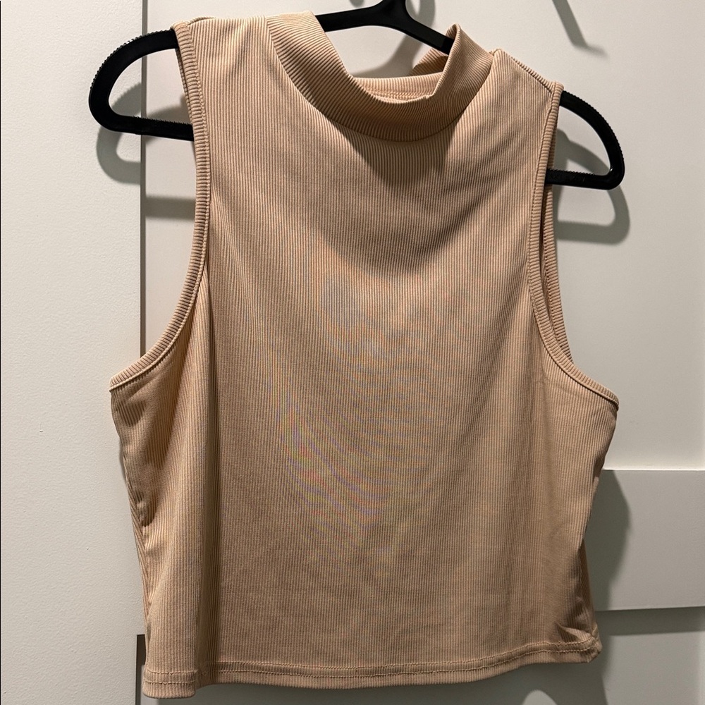 Sleeveless Tan Ribbed Women's Top minimalist trendy neutral chic spring 0XL